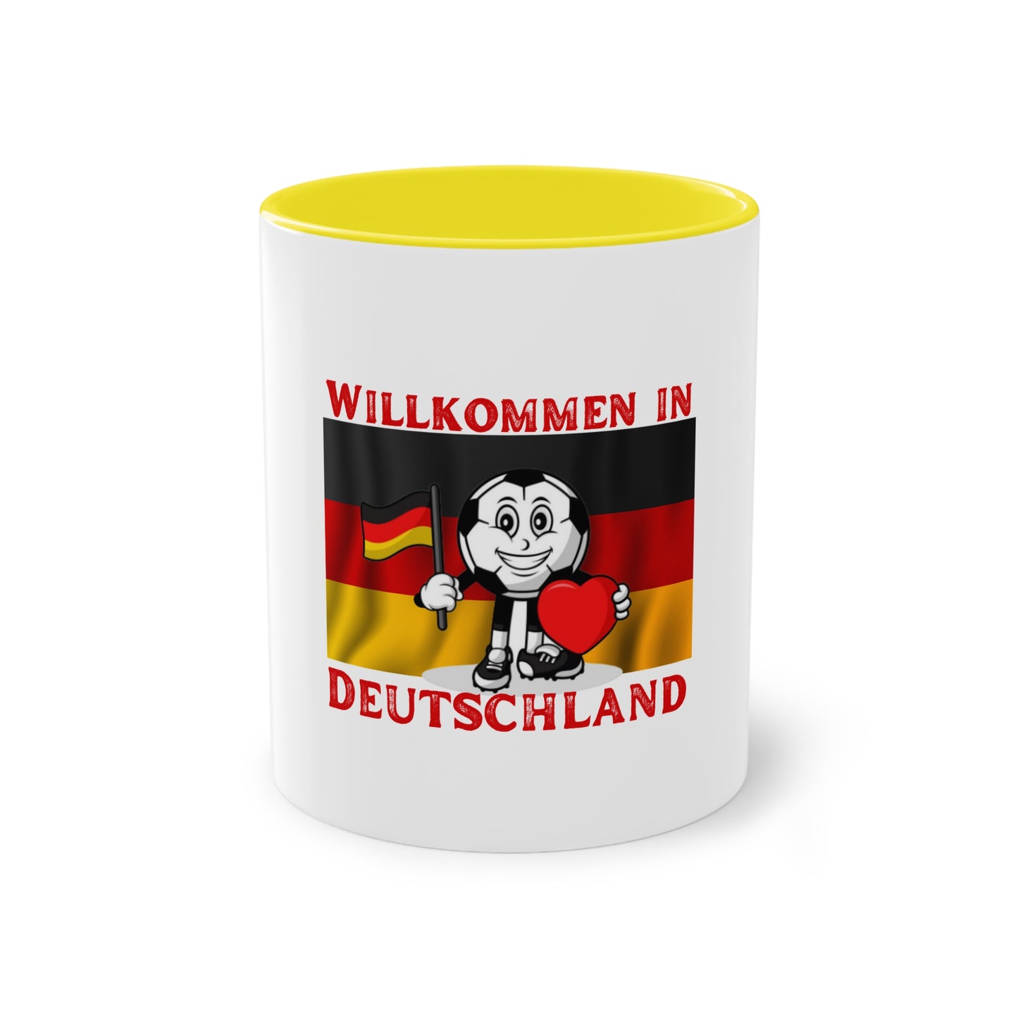 Willkommen in Deutschland - Stolz auf Deutschland - auf Kaffeetassen, Teetassen bedruckt; weißer Außenbereich mit mehrfarbigem Innenbereich und Henkel, große; 11 Unzen