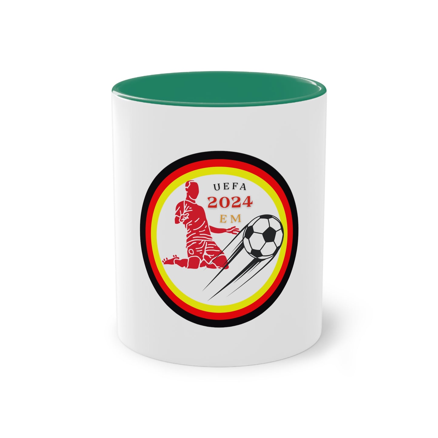 EURO Soccer 2024 in Germany, Deutschland EM-Souvenir auf Kaffeetassen, Teetassen bedruckt; weißer Außenbereich mit mehrfarbigem Innenbereich und Henkel, große; 11 Unzen