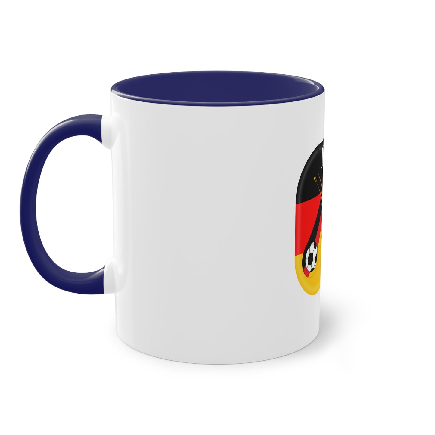 EURO 2024 in Germany, Deutschland EM-Souvenir auf Kaffeetassen, Teetassen bedruckt; weißer Außenbereich mit mehrfarbigem Innenbereich und Henkel, große; 11 Unzen