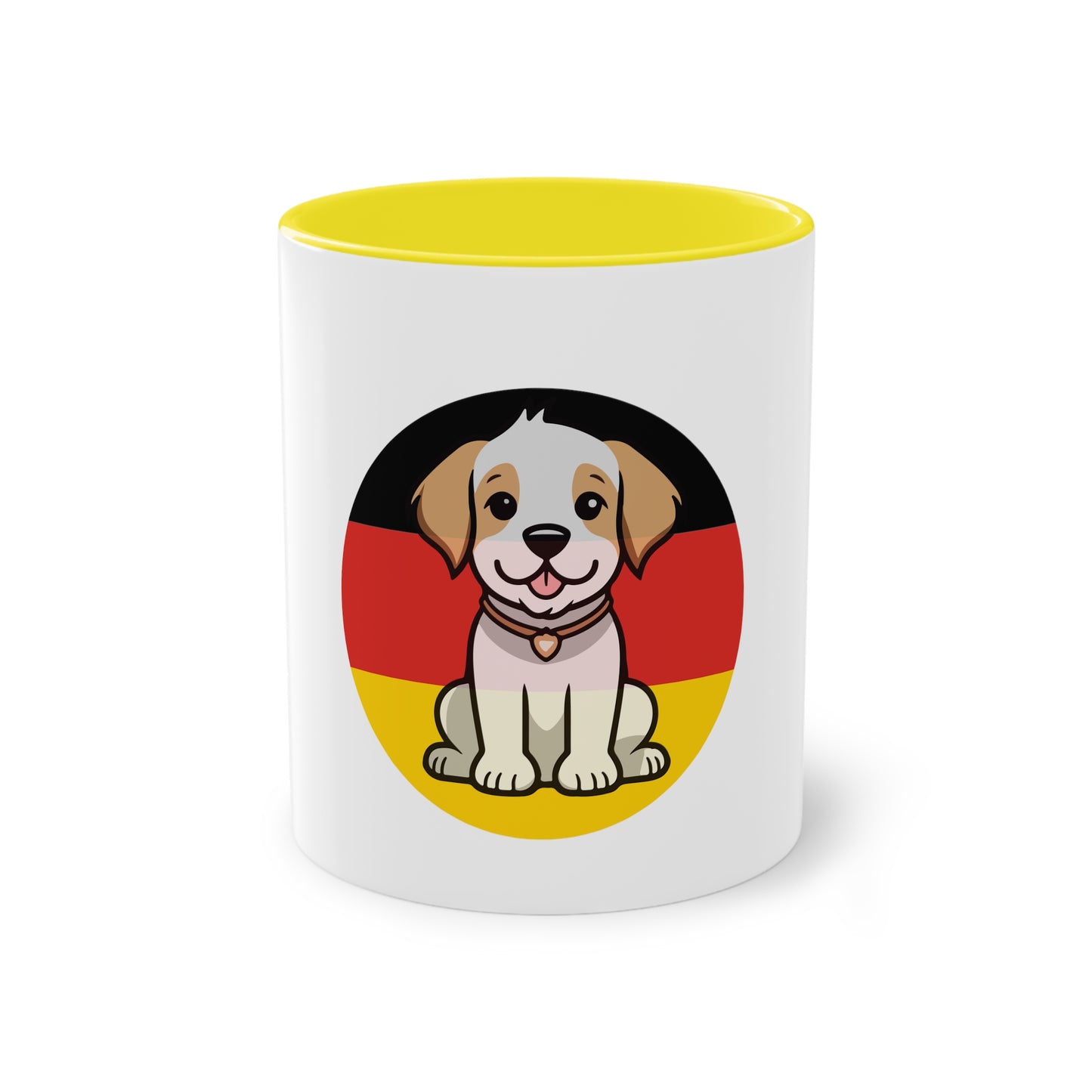 Deutschlands Bell-Brigade Puppy auf Kaffeetassen, Teetassen bedruckt; weißer Außenbereich mit mehrfarbigem Innenbereich und Henkel, große; 11 Unzen