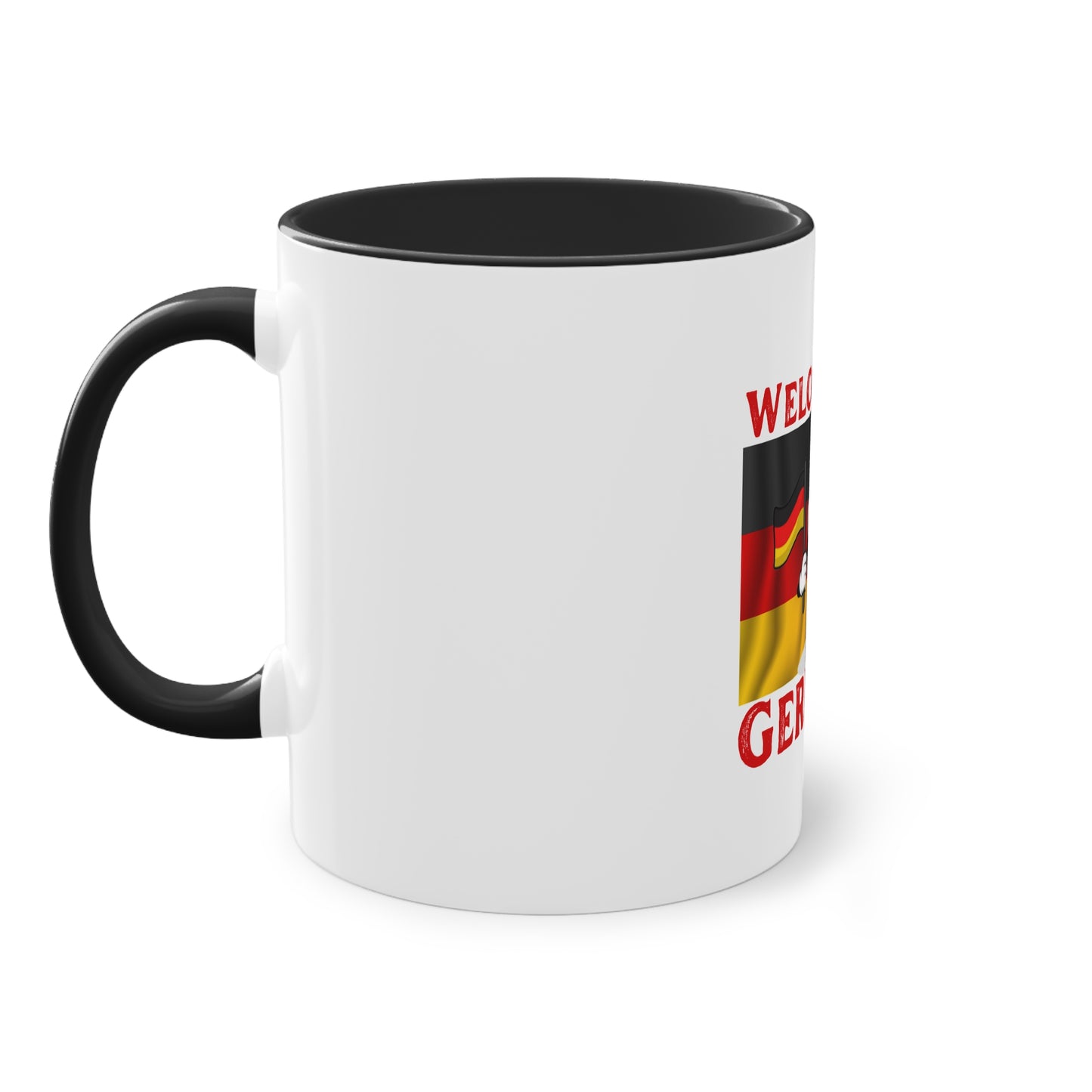 Welcome to Germany - Proud German culture auf Kaffeetassen, Teetassen bedruckt; weißer Außenbereich mit mehrfarbigem Innenbereich und Henkel, große; 11 Unzen.
