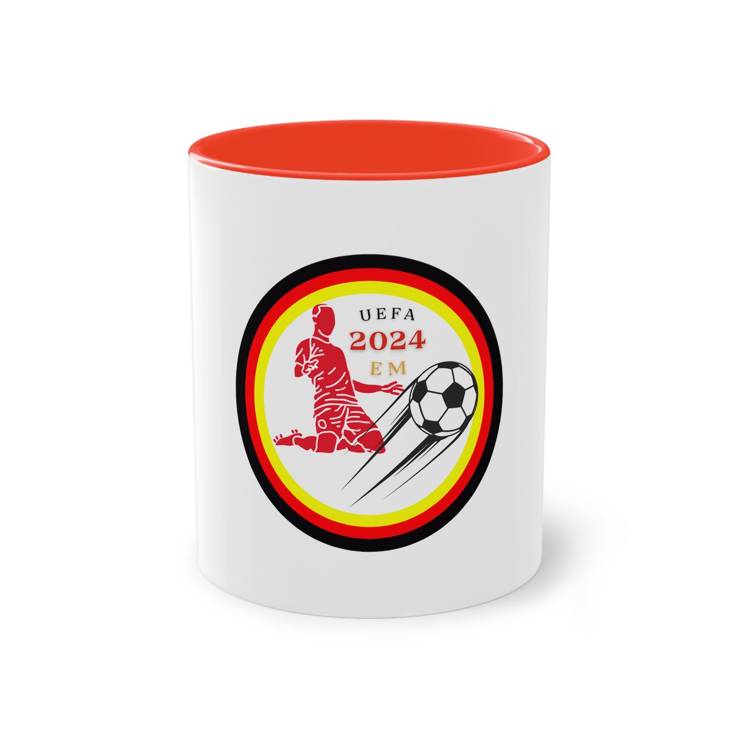 EURO Soccer 2024 in Germany, Deutschland EM-Souvenir auf Kaffeetassen, Teetassen bedruckt; weißer Außenbereich mit mehrfarbigem Innenbereich und Henkel, große; 11 Unzen