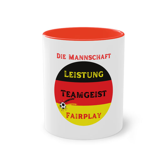 Die Mannschaft: Leistung, Teamgeist, Fairplay - auf Kaffeetassen, Teetassen bedruckt; weißer Außenbereich mit mehrfarbigem Innenbereich und Henkel, große; 11 Unzen
