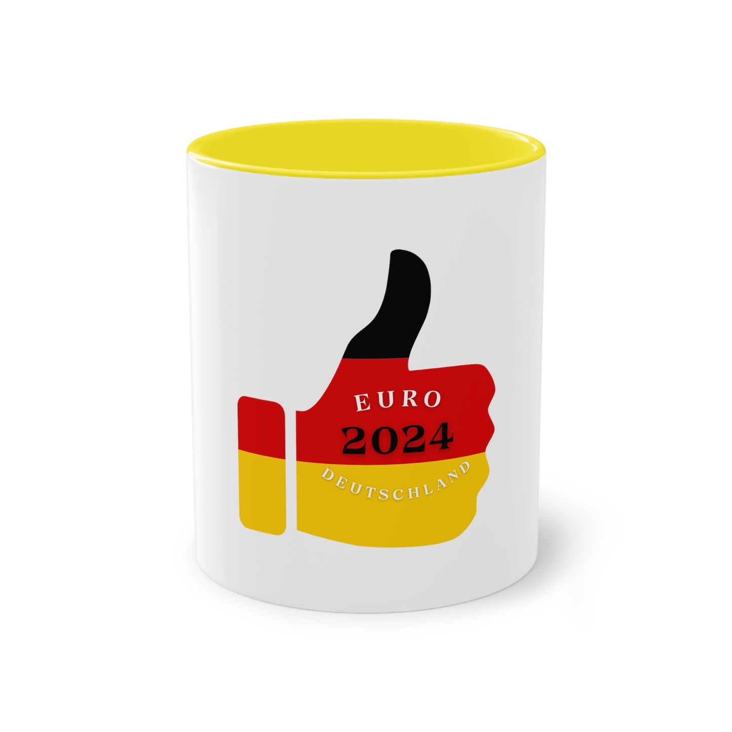 Sehr gut für EURO 2024 in Germany, Deutschland EM-Souvenir auf Kaffeetassen, Teetassen bedruckt; weißer Außenbereich mit mehrfarbigem Innenbereich und Henkel, große; 11 Unzen