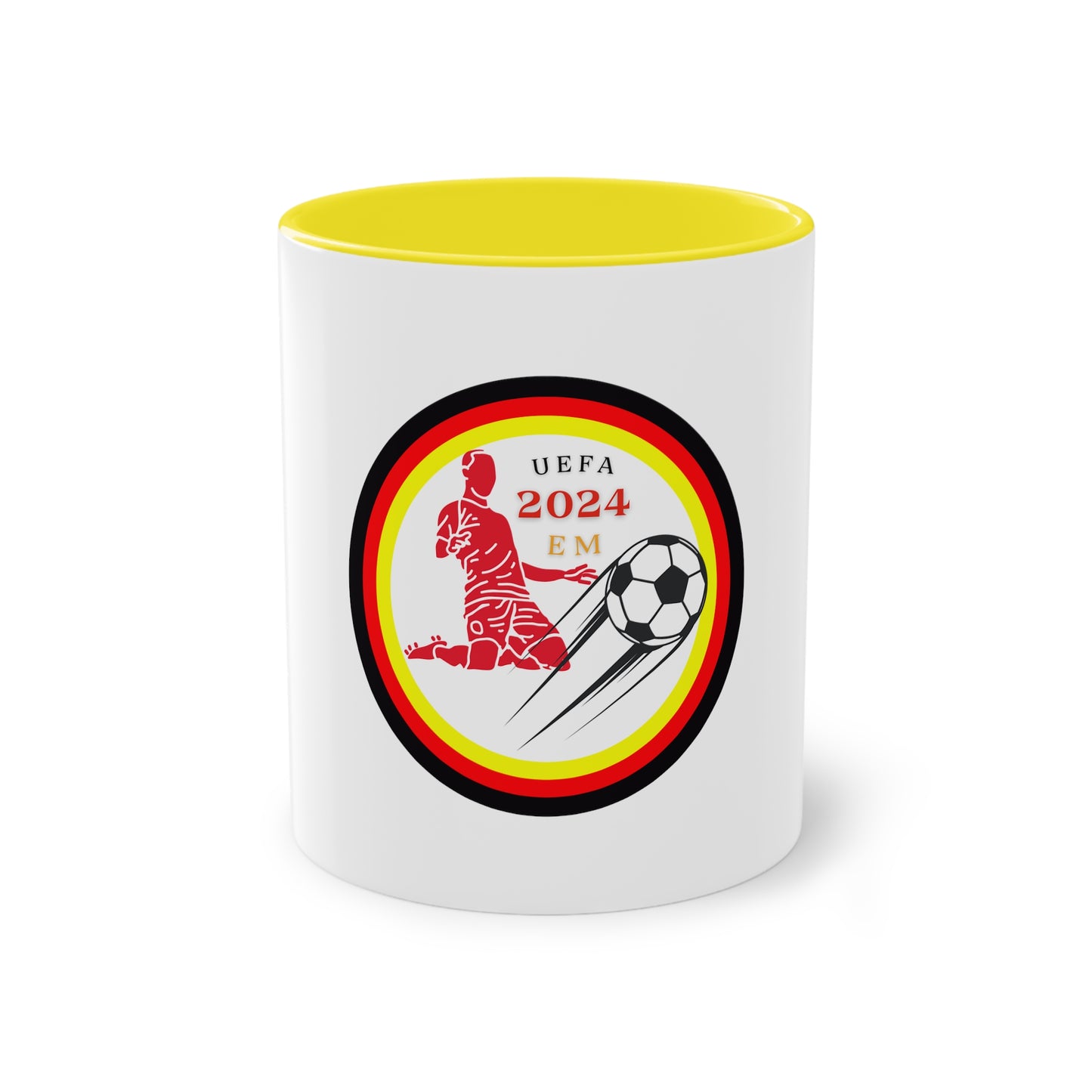 EURO Soccer 2024 in Germany, Deutschland EM-Souvenir auf Kaffeetassen, Teetassen bedruckt; weißer Außenbereich mit mehrfarbigem Innenbereich und Henkel, große; 11 Unzen