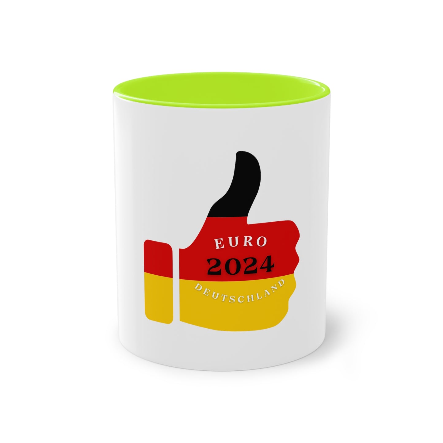 Sehr gut für EURO 2024 in Germany, Deutschland EM-Souvenir auf Kaffeetassen, Teetassen bedruckt; weißer Außenbereich mit mehrfarbigem Innenbereich und Henkel, große; 11 Unzen