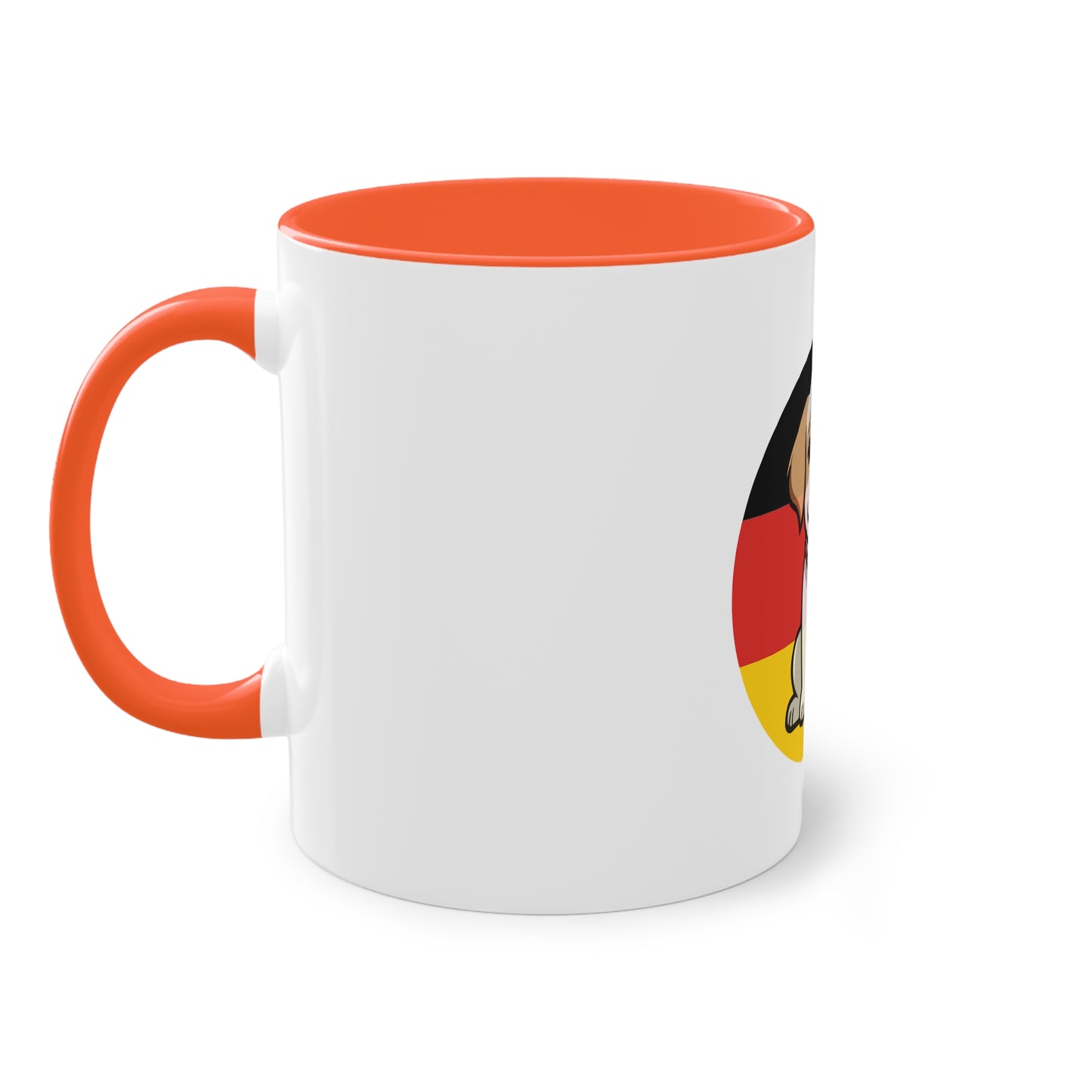 Deutschlands Bell-Brigade Puppy auf Kaffeetassen, Teetassen bedruckt; weißer Außenbereich mit mehrfarbigem Innenbereich und Henkel, große; 11 Unzen