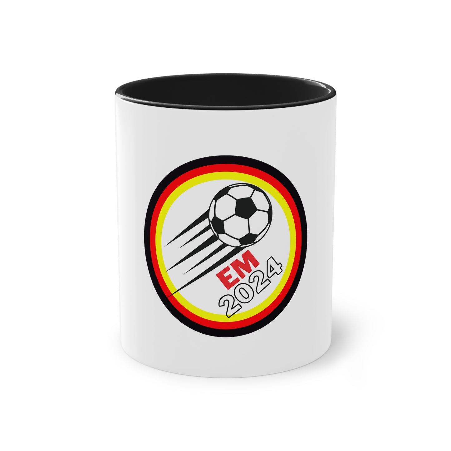 EURO 2024 in Germany, Deutschland EM-Souvenir auf Kaffeetassen, Teetassen bedruckt; weißer Außenbereich mit mehrfarbigem Innenbereich und Henkel, große; 11 Unzen