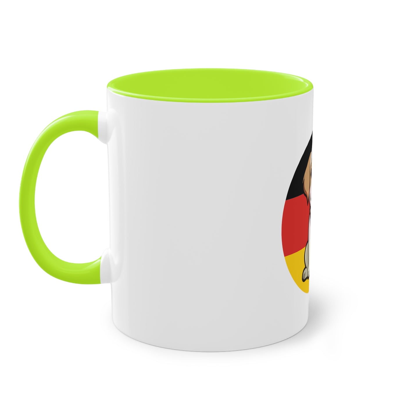 Deutschlands Bell-Brigade Puppy auf Kaffeetassen, Teetassen bedruckt; weißer Außenbereich mit mehrfarbigem Innenbereich und Henkel, große; 11 Unzen